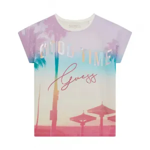 Бяла тениска с многоцветна апликация отпред Guess Good Time за момиче