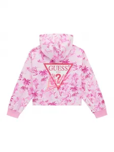 Суичър за момиче Oversize с качулка и цип с цикламени палми Guess