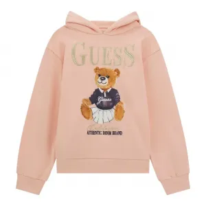 Суичър за момиче в розов с качулка, цветно мече и златист надпис Guess