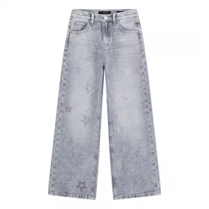 Широк сив деним панталон за момиче със звезди от кристали Guess