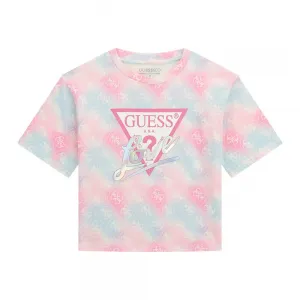 Къса и широка тениска за момиче в свежи цветове и лога Guess