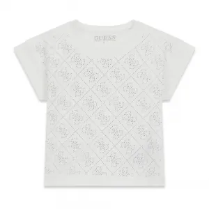 Бяла тениска за момиче с лога Guess изработени от камъчета