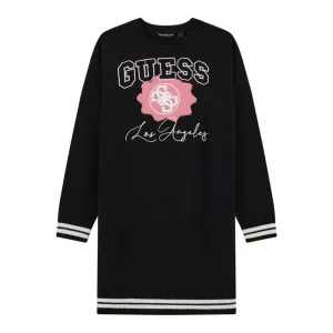 Плътна рокля в черно за момиче с бродирани розови и бели детайли Guess
