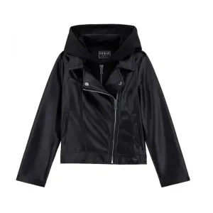Кожено яке в черно за момиче с асиметричен цип и качулка Guess
