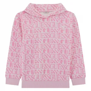Спортен Oversize розов суичър за момиче с качулка и надписи Guess