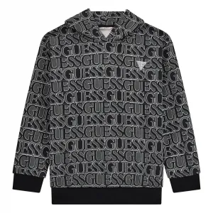 Спортен Oversize черно-бял суичър за момиче с качулка и надписи Guess
