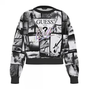 Спортна блуза за момиче в черно-бяло със сребрист надпис LOVE Guess