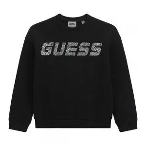 Плътна спортна блуза в черно за момиче с надпис Guess с камъни