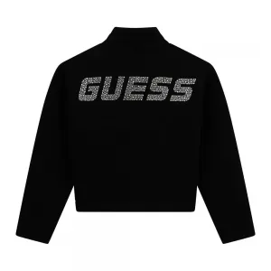 Черен плътен суичър за момиче с надписи Guess с кристали и камъни