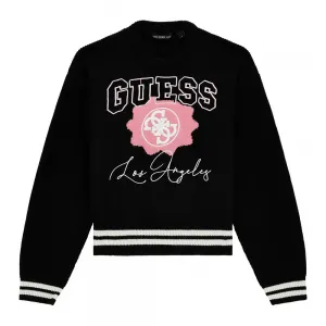 Плътен пуловер в черно за момиче с бродирани розови и бели детайли Guess