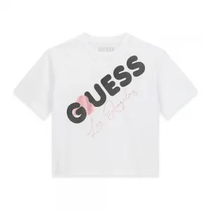 Бяла къса тениска за момиче с черен надпис Guess и розово сърце