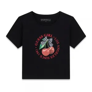 Черна тениска за момиче с черешки и червени надписи Guess