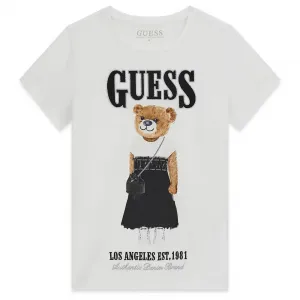 Бяла тениска за момиче с голямо цветно мече отпред и черен надпис Guess