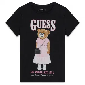 Черна тениска за момиче с голямо цветно мече отпред и сребрист надпис Guess