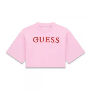 Къса розова тениска за момиче с червен бродиран надпис Guess
