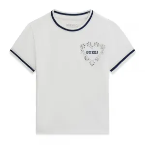 Бяла тениска с тъмно сини ивици, надпис Guess и кристали