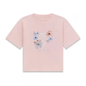 Розова тениска за момиче с бяло лого и цветя Guess