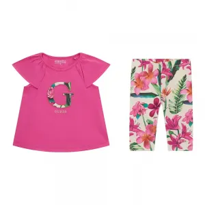 Цикламена тениска с G и многоцветен къс клин за мини момиче Guess