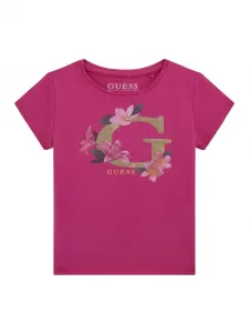 Цикламена тениска за момиче със златисто G с глитери и цветя Guess