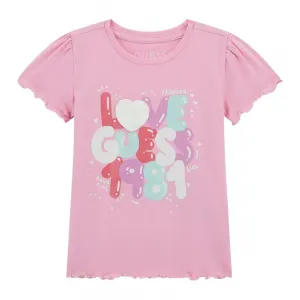 Бледо розова тениска с многоцветен надпис Love Guess за мини момиче