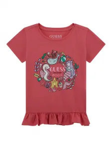 Коралова тениска за мини момиче с цветни апликации и къдрички Guess