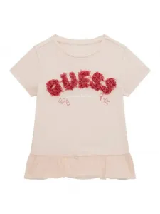 Бледо розова тениска с воали и релефен надпис Guess в червено за мини момиче Guess