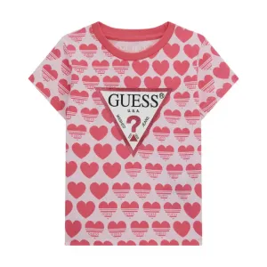Памучна тениска с цикламени сърца за мини момиче и голямо лого Guess