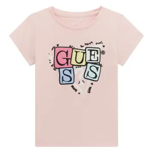 Бледо розова тениска за мини момиче с гумирани цветни букви Guess