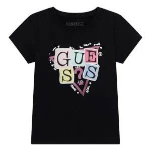 Черна тениска за мини момиче с гумирани цветни букви Guess