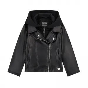 Кожено яке в черно за мини момиче с асиметричен цип и качулка Guess