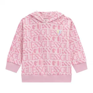 Спортен суичър в розово за мини момиче с качулка и джобове Guess