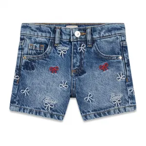 Къси деним панталони за мини момиче с бродирани панделки Guess