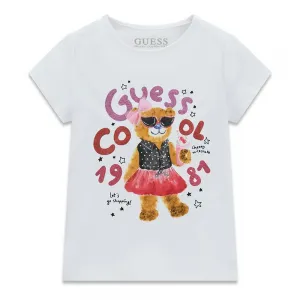 Бяла тениска за мини момиче с цветни надписи с глитери и мече Guess