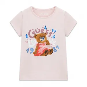 Бледо розова тениска за мини момиче с цветни надписи с глитери и мече Guess
