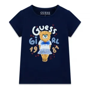 Тъмно синя тениска за мини момиче с цветни надписи с глитери и мече Guess
