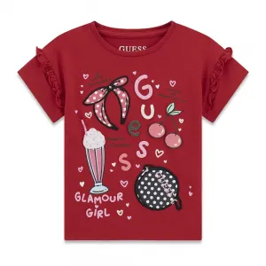 Червена тениска за мини момиче с много детайли и цветни картинки Guess