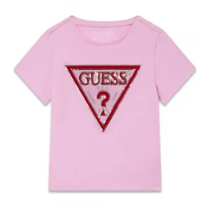 Розова тениска за мини момиче с червено лого Guess с пайети