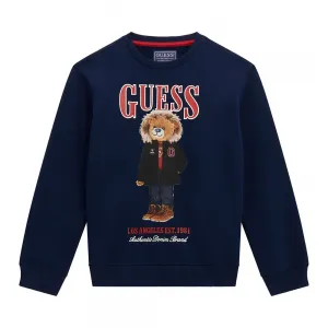 Тъмно синя плътна блуза за мини момче с цветно мече и червен надпис Guess