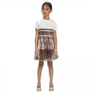 Комбинирана рокля за момиче в бяло с розов тюл с детайли Guess