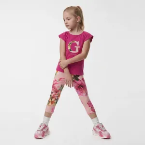 Цикламена тениска с G за мини момиче с клин цветя Guess