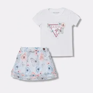 Комплект бяла тениска с пеперуди и шифонена пола за мини момиче Guess
