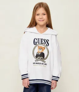 Бял суичър с качулка и тъмно сини детайли и цветно мече Guess