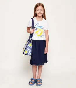 Бяла тениска за момиче със син надпис Guess и щампа лимон