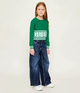 Двуцветен къс пуловер от фино плетиво в зелено и бяло за момиче Guess