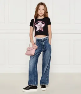Къса черна тениска за момиче с коте, глитери и надписи Guess