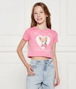 Къса цикламена тениска за момиче с кученце и бродиран надпис Guess