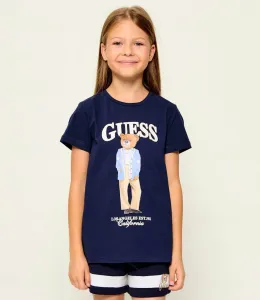Тъмносиня тениска за момиче с цветно мече и бял надпис Guess