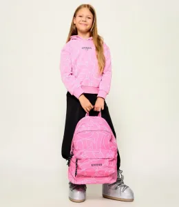 Спортна раница от плат за момиче в розов цвят с бели надписи Guess