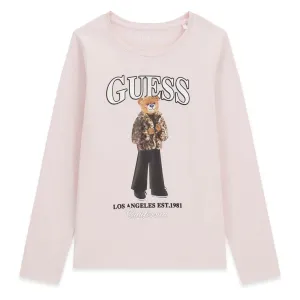 Детска блуза Guess в розово с дълъг ръкав и мече в леопардово яке