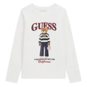 Детска блуза Guess с дълъг ръкав и мече в раиран пуловер